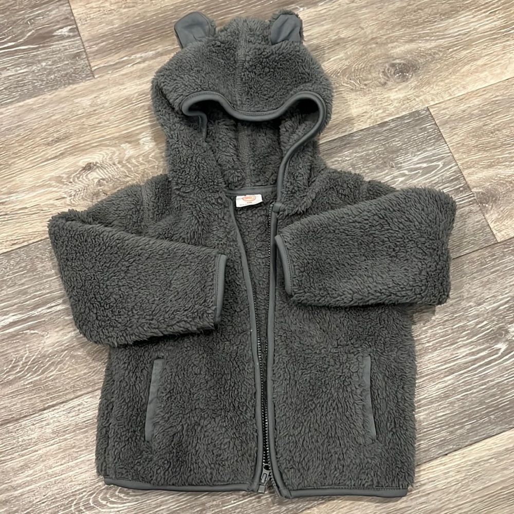 Gray Sherpa bear ears hooded soft zip up jacket EUC 24m